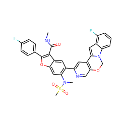 CNC(=O)c1c(-c2ccc(F)cc2)oc2cc(N(C)S(C)(=O)=O)c(-c3cc4c(cn3)OCn3c-4cc4c(F)cccc43)cc12 ZINC000148289802