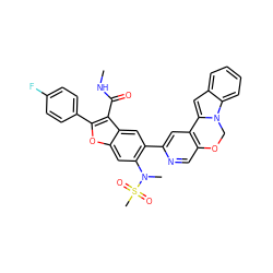 CNC(=O)c1c(-c2ccc(F)cc2)oc2cc(N(C)S(C)(=O)=O)c(-c3cc4c(cn3)OCn3c-4cc4ccccc43)cc12 ZINC001772603382