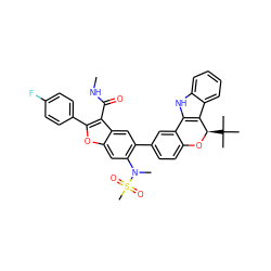 CNC(=O)c1c(-c2ccc(F)cc2)oc2cc(N(C)S(C)(=O)=O)c(-c3ccc4c(c3)-c3[nH]c5ccccc5c3[C@@H](C(C)(C)C)O4)cc12 ZINC000204996295