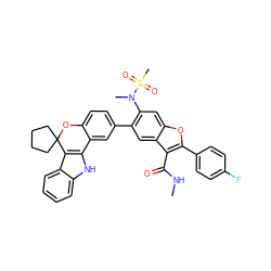 CNC(=O)c1c(-c2ccc(F)cc2)oc2cc(N(C)S(C)(=O)=O)c(-c3ccc4c(c3)-c3[nH]c5ccccc5c3C3(CCCC3)O4)cc12 ZINC001772650182