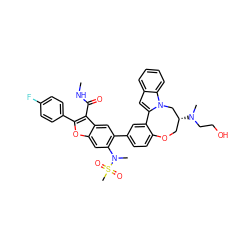 CNC(=O)c1c(-c2ccc(F)cc2)oc2cc(N(C)S(C)(=O)=O)c(-c3ccc4c(c3)-c3cc5ccccc5n3C[C@H](N(C)CCO)CO4)cc12 ZINC000205193154