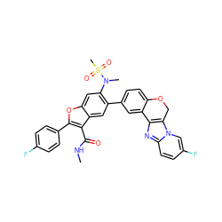 CNC(=O)c1c(-c2ccc(F)cc2)oc2cc(N(C)S(C)(=O)=O)c(-c3ccc4c(c3)-c3nc5ccc(F)cn5c3CO4)cc12 ZINC000148296339