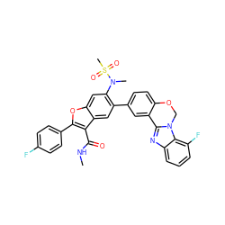 CNC(=O)c1c(-c2ccc(F)cc2)oc2cc(N(C)S(C)(=O)=O)c(-c3ccc4c(c3)-c3nc5cccc(F)c5n3CO4)cc12 ZINC000148077158