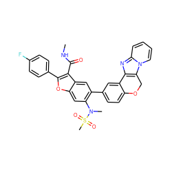 CNC(=O)c1c(-c2ccc(F)cc2)oc2cc(N(C)S(C)(=O)=O)c(-c3ccc4c(c3)-c3nc5ccccn5c3CO4)cc12 ZINC000148297942