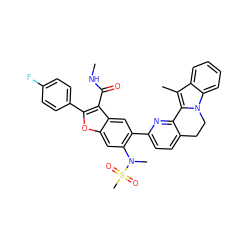 CNC(=O)c1c(-c2ccc(F)cc2)oc2cc(N(C)S(C)(=O)=O)c(-c3ccc4c(n3)-c3c(C)c5ccccc5n3CC4)cc12 ZINC000220478923