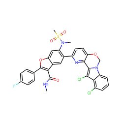 CNC(=O)c1c(-c2ccc(F)cc2)oc2cc(N(C)S(C)(=O)=O)c(-c3ccc4c(n3)-c3c(Cl)c5c(Cl)cccc5n3CO4)cc12 ZINC000205190589