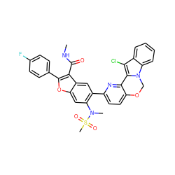 CNC(=O)c1c(-c2ccc(F)cc2)oc2cc(N(C)S(C)(=O)=O)c(-c3ccc4c(n3)-c3c(Cl)c5ccccc5n3CO4)cc12 ZINC000206364725