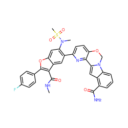 CNC(=O)c1c(-c2ccc(F)cc2)oc2cc(N(C)S(C)(=O)=O)c(-c3ccc4c(n3)-c3cc5c(C(N)=O)cccc5n3CO4)cc12 ZINC000205191533