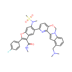 CNC(=O)c1c(-c2ccc(F)cc2)oc2cc(N(C)S(C)(=O)=O)c(-c3ccc4c(n3)-c3cc5c(CN(C)C)cccc5n3CO4)cc12 ZINC000205191476