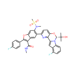 CNC(=O)c1c(-c2ccc(F)cc2)oc2cc(N(C)S(C)(=O)=O)c(-c3ccc4c(n3)-c3cc5c(F)cccc5n3[C@@H](C(C)(C)O)O4)cc12 ZINC000218306087