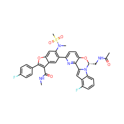 CNC(=O)c1c(-c2ccc(F)cc2)oc2cc(N(C)S(C)(=O)=O)c(-c3ccc4c(n3)-c3cc5c(F)cccc5n3[C@@H](CNC(C)=O)O4)cc12 ZINC000218301879