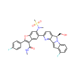 CNC(=O)c1c(-c2ccc(F)cc2)oc2cc(N(C)S(C)(=O)=O)c(-c3ccc4c(n3)-c3cc5c(F)cccc5n3[C@@H]4CO)cc12 ZINC000212481762