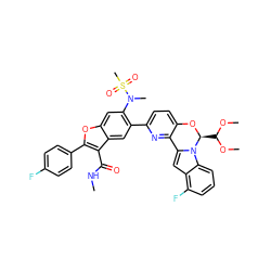 CNC(=O)c1c(-c2ccc(F)cc2)oc2cc(N(C)S(C)(=O)=O)c(-c3ccc4c(n3)-c3cc5c(F)cccc5n3[C@H](C(OC)OC)O4)cc12 ZINC001772600557