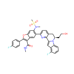 CNC(=O)c1c(-c2ccc(F)cc2)oc2cc(N(C)S(C)(=O)=O)c(-c3ccc4c(n3)-c3cc5c(F)cccc5n3[C@H](CCO)C4)cc12 ZINC000219565628