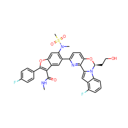 CNC(=O)c1c(-c2ccc(F)cc2)oc2cc(N(C)S(C)(=O)=O)c(-c3ccc4c(n3)-c3cc5c(F)cccc5n3[C@H](CCO)O4)cc12 ZINC000218278118