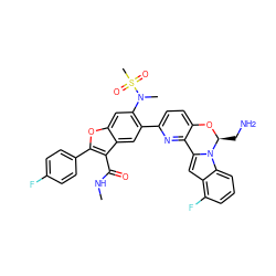 CNC(=O)c1c(-c2ccc(F)cc2)oc2cc(N(C)S(C)(=O)=O)c(-c3ccc4c(n3)-c3cc5c(F)cccc5n3[C@H](CN)O4)cc12 ZINC000218175281