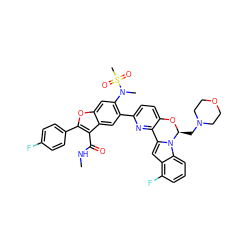 CNC(=O)c1c(-c2ccc(F)cc2)oc2cc(N(C)S(C)(=O)=O)c(-c3ccc4c(n3)-c3cc5c(F)cccc5n3[C@H](CN3CCOCC3)O4)cc12 ZINC000218301997