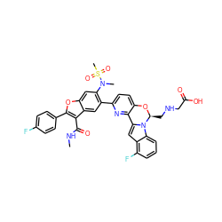 CNC(=O)c1c(-c2ccc(F)cc2)oc2cc(N(C)S(C)(=O)=O)c(-c3ccc4c(n3)-c3cc5c(F)cccc5n3[C@H](CNCC(=O)O)O4)cc12 ZINC000218279108