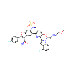 CNC(=O)c1c(-c2ccc(F)cc2)oc2cc(N(C)S(C)(=O)=O)c(-c3ccc4c(n3)-c3cc5c(F)cccc5n3[C@H](CNCCOC)O4)cc12 ZINC000218306989