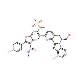 CNC(=O)c1c(-c2ccc(F)cc2)oc2cc(N(C)S(C)(=O)=O)c(-c3ccc4c(n3)-c3cc5c(F)cccc5n3[C@H](CO)C4)cc12 ZINC000220464524