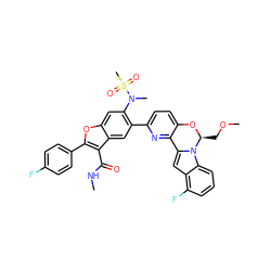 CNC(=O)c1c(-c2ccc(F)cc2)oc2cc(N(C)S(C)(=O)=O)c(-c3ccc4c(n3)-c3cc5c(F)cccc5n3[C@H](COC)O4)cc12 ZINC001772618838