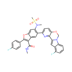 CNC(=O)c1c(-c2ccc(F)cc2)oc2cc(N(C)S(C)(=O)=O)c(-c3ccc4c(n3)-c3cc5c(F)cccc5n3CO4)cc12 ZINC000148077822