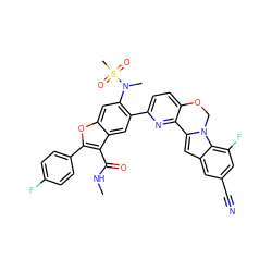 CNC(=O)c1c(-c2ccc(F)cc2)oc2cc(N(C)S(C)(=O)=O)c(-c3ccc4c(n3)-c3cc5cc(C#N)cc(F)c5n3CO4)cc12 ZINC000205188007