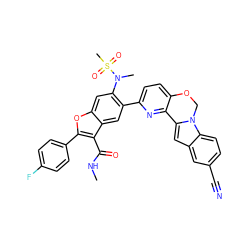 CNC(=O)c1c(-c2ccc(F)cc2)oc2cc(N(C)S(C)(=O)=O)c(-c3ccc4c(n3)-c3cc5cc(C#N)ccc5n3CO4)cc12 ZINC001772629480