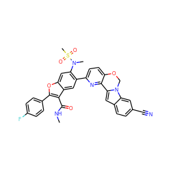 CNC(=O)c1c(-c2ccc(F)cc2)oc2cc(N(C)S(C)(=O)=O)c(-c3ccc4c(n3)-c3cc5ccc(C#N)cc5n3CO4)cc12 ZINC000148254491