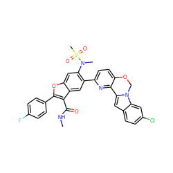 CNC(=O)c1c(-c2ccc(F)cc2)oc2cc(N(C)S(C)(=O)=O)c(-c3ccc4c(n3)-c3cc5ccc(Cl)cc5n3CO4)cc12 ZINC000205193119