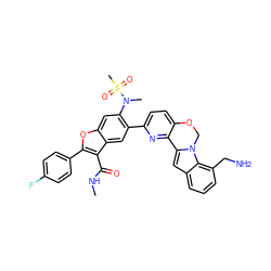 CNC(=O)c1c(-c2ccc(F)cc2)oc2cc(N(C)S(C)(=O)=O)c(-c3ccc4c(n3)-c3cc5cccc(CN)c5n3CO4)cc12 ZINC000205191254