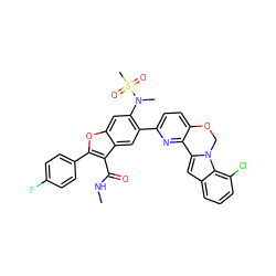 CNC(=O)c1c(-c2ccc(F)cc2)oc2cc(N(C)S(C)(=O)=O)c(-c3ccc4c(n3)-c3cc5cccc(Cl)c5n3CO4)cc12 ZINC000205193657