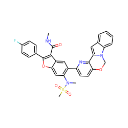 CNC(=O)c1c(-c2ccc(F)cc2)oc2cc(N(C)S(C)(=O)=O)c(-c3ccc4c(n3)-c3cc5ccccc5n3CO4)cc12 ZINC000148071802