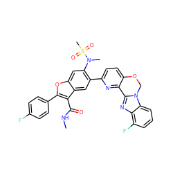 CNC(=O)c1c(-c2ccc(F)cc2)oc2cc(N(C)S(C)(=O)=O)c(-c3ccc4c(n3)-c3nc5c(F)cccc5n3CO4)cc12 ZINC000148263164