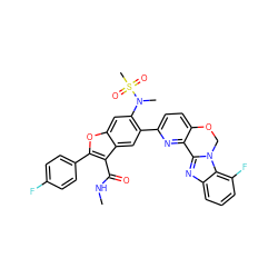 CNC(=O)c1c(-c2ccc(F)cc2)oc2cc(N(C)S(C)(=O)=O)c(-c3ccc4c(n3)-c3nc5cccc(F)c5n3CO4)cc12 ZINC000148262836