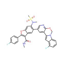 CNC(=O)c1c(-c2ccc(F)cc2)oc2cc(N(C)S(C)(=O)=O)c(-c3cnc4c(c3)-c3cc5c(F)cccc5n3CO4)cc12 ZINC000148292735