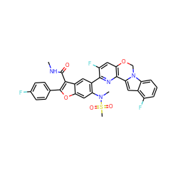 CNC(=O)c1c(-c2ccc(F)cc2)oc2cc(N(C)S(C)(=O)=O)c(-c3nc4c(cc3F)OCn3c-4cc4c(F)cccc43)cc12 ZINC000205194921