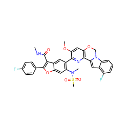 CNC(=O)c1c(-c2ccc(F)cc2)oc2cc(N(C)S(C)(=O)=O)c(-c3nc4c(cc3OC)OCn3c-4cc4c(F)cccc43)cc12 ZINC000205188599