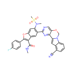 CNC(=O)c1c(-c2ccc(F)cc2)oc2cc(N(C)S(C)(=O)=O)c(-c3ncc4c(n3)-c3cc5c(C#N)cccc5n3CO4)cc12 ZINC000205194265