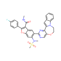 CNC(=O)c1c(-c2ccc(F)cc2)oc2cc(N(C)S(C)(=O)=O)c(-c3ncc4c(n3)-c3cc5ccccc5n3CCO4)cc12 ZINC000148097409