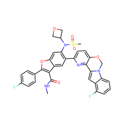 CNC(=O)c1c(-c2ccc(F)cc2)oc2cc(N(C3COC3)S(C)(=O)=O)c(-c3ccc4c(n3)-c3cc5c(F)cccc5n3CO4)cc12 ZINC000218306703