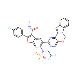 CNC(=O)c1c(-c2ccc(F)cc2)oc2cc(N(CC(F)F)S(C)(=O)=O)c(-c3ncc4c(n3)-c3cc5ccccc5n3CO4)cc12 ZINC000218308036