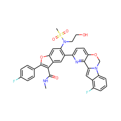 CNC(=O)c1c(-c2ccc(F)cc2)oc2cc(N(CCO)S(C)(=O)=O)c(-c3ccc4c(n3)-c3cc5c(F)cccc5n3CO4)cc12 ZINC000218307533