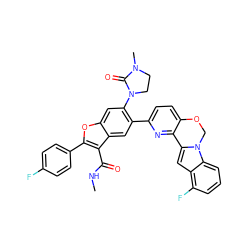 CNC(=O)c1c(-c2ccc(F)cc2)oc2cc(N3CCN(C)C3=O)c(-c3ccc4c(n3)-c3cc5c(F)cccc5n3CO4)cc12 ZINC000148298385