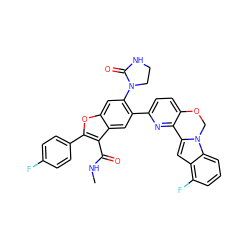 CNC(=O)c1c(-c2ccc(F)cc2)oc2cc(N3CCNC3=O)c(-c3ccc4c(n3)-c3cc5c(F)cccc5n3CO4)cc12 ZINC000148302696