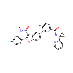 CNC(=O)c1c(-c2ccc(F)cc2)oc2ccc(-c3cc(C(=O)NC4(c5ccccn5)CC4)ccc3C)cc12 ZINC000118143569