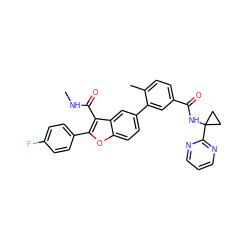 CNC(=O)c1c(-c2ccc(F)cc2)oc2ccc(-c3cc(C(=O)NC4(c5ncccn5)CC4)ccc3C)cc12 ZINC000068199091