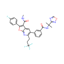 CNC(=O)c1c(-c2ccc(F)cc2)oc2nc(CCC(F)(F)F)c(-c3cccc(C(=O)NC(C)(C)c4ncon4)c3)cc12 ZINC000214105612