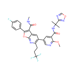 CNC(=O)c1c(-c2ccc(F)cc2)oc2nc(CCC(F)(F)F)c(-c3cnc(OC)c(C(=O)NC(C)(C)c4ncon4)c3)cc12 ZINC000214093111