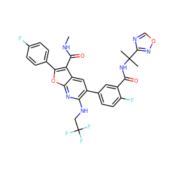 CNC(=O)c1c(-c2ccc(F)cc2)oc2nc(NCC(F)(F)F)c(-c3ccc(F)c(C(=O)NC(C)(C)c4ncon4)c3)cc12 ZINC000214046160